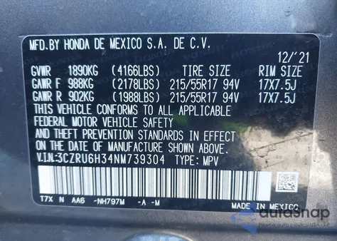 2022 Honda Hr-V Awd Lx z USA, uszkodzony, nr VIN 3CZRU6H34NM739304
